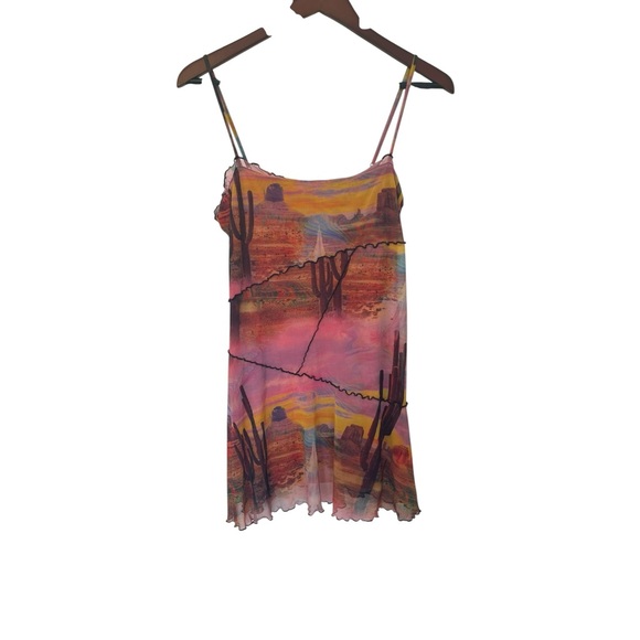 Urban Outfitters Moxie Mesh Mini Slip Dress Sunset Cactus Desert Print Sz Large - Picture 5 of 12